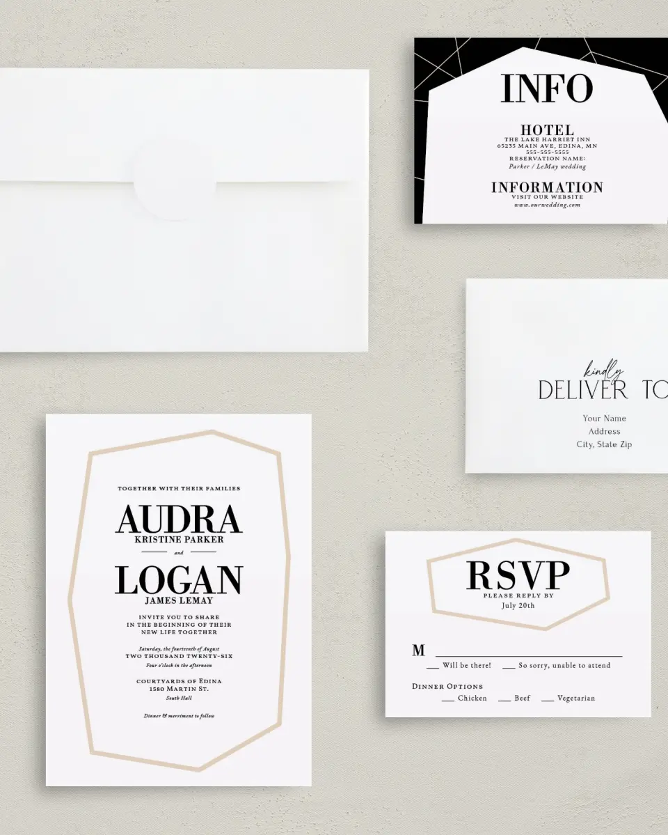 This is a 5" x 7" Classic Wedding Invitation called Shining Facets printed in full color with Gold foil on Luxe Satin (coated) paper