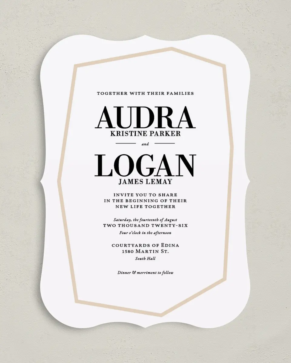This is a 5" x 7" Bracket Wedding Invitation called Shining Facets printed in full color on Premium Smooth paper