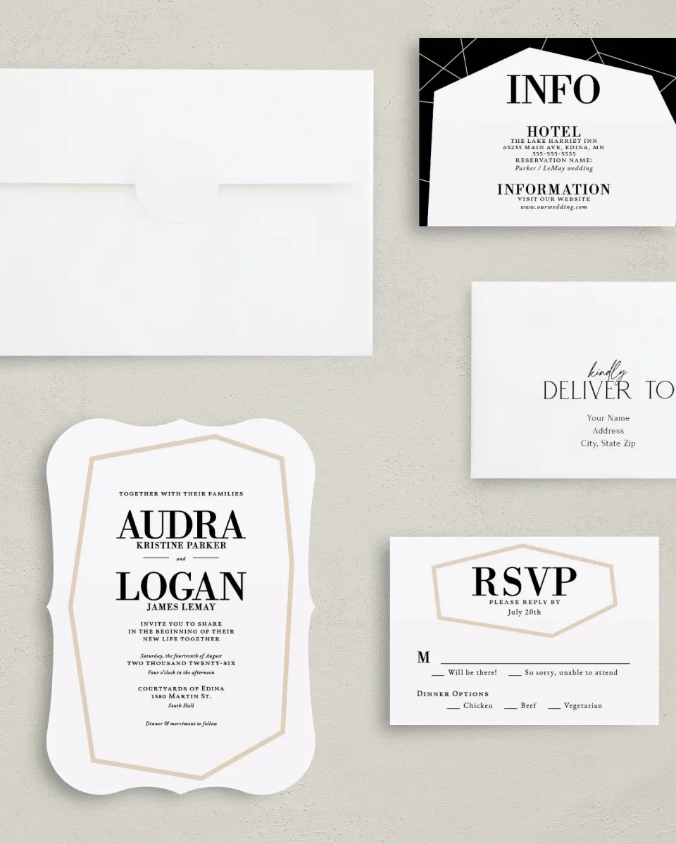 This is a 5" x 7" Bracket Wedding Invitation called Shining Facets printed in full color with Silver foil on Luxe Satin (coated) paper