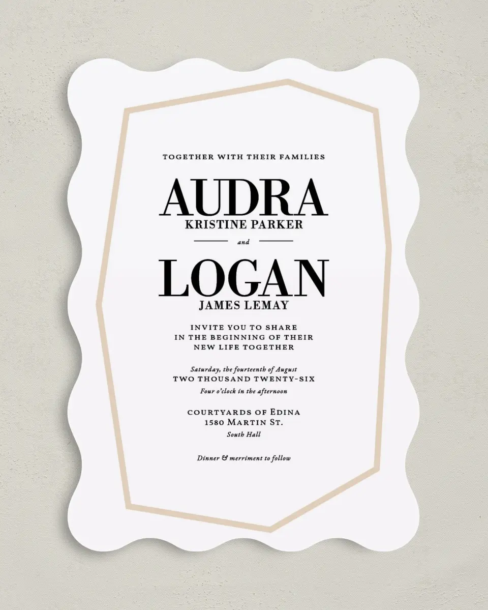 This is a 5" x 7" Wavy Wedding Invitation called Shining Facets printed in full color on Premium Smooth paper