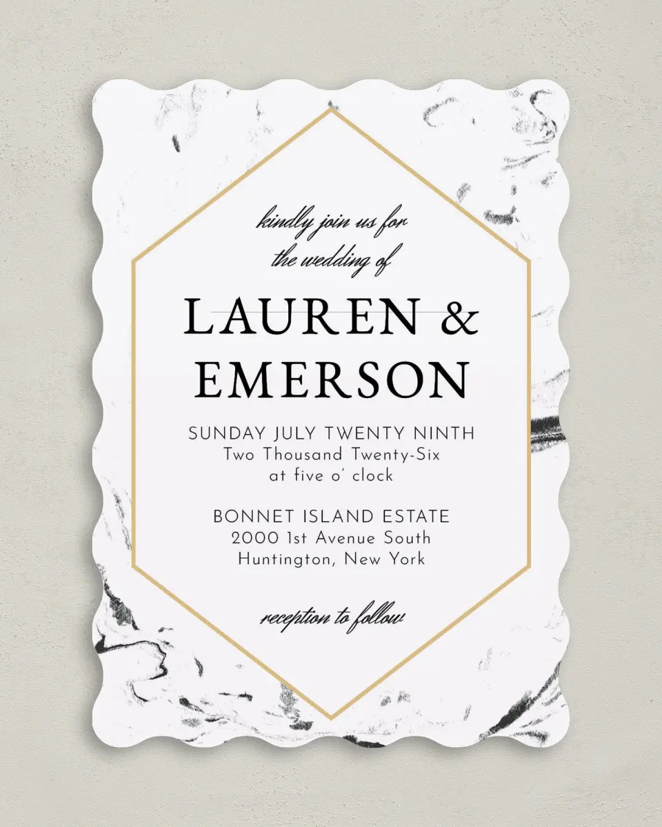 This is a 5" x 7" Wavy Wedding Invitation called Elegant Marble printed in full color on Premium Smooth paper