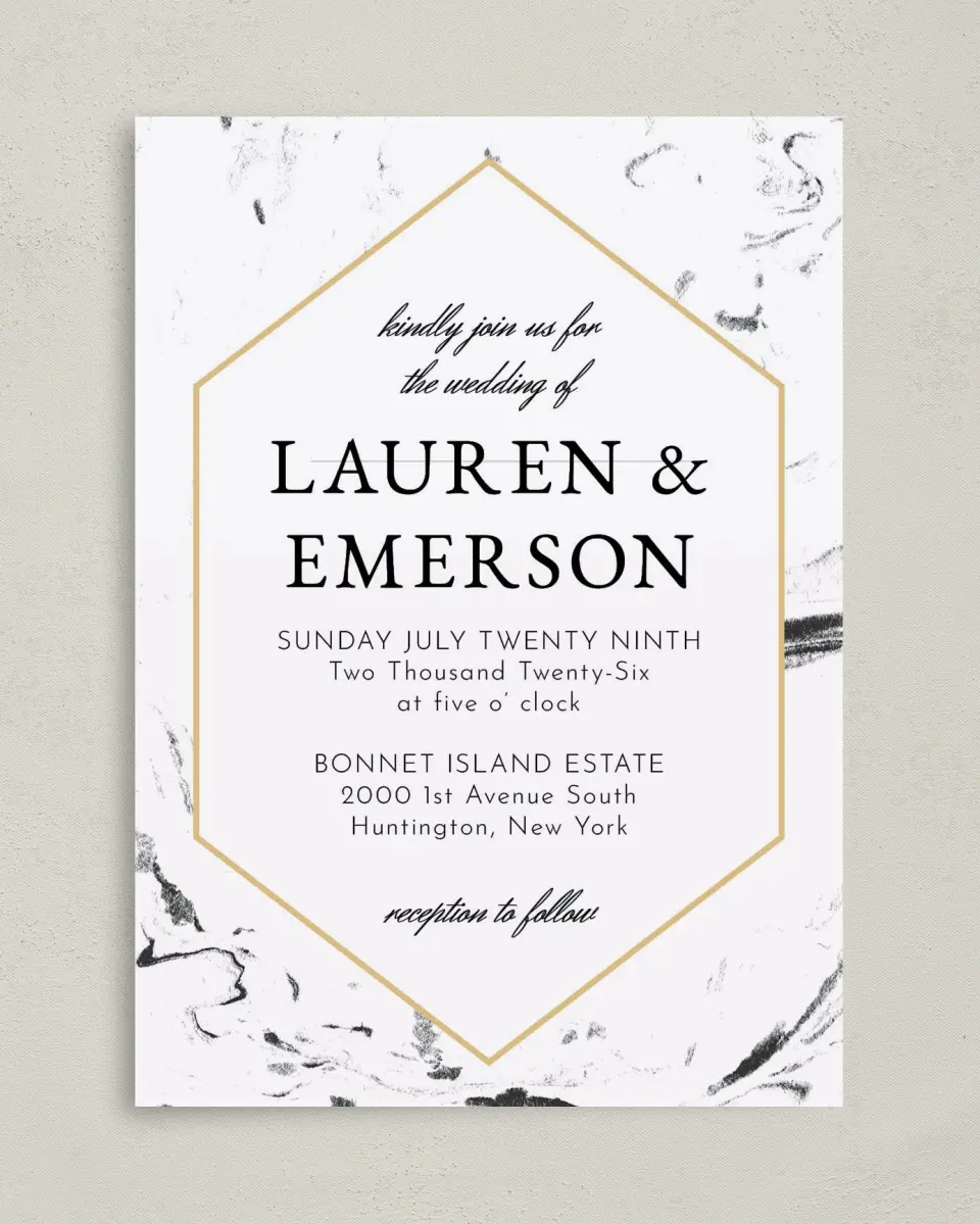 This is a 5" x 7" Classic Wedding Invitation called Elegant Marble printed in full color on Premium Smooth paper