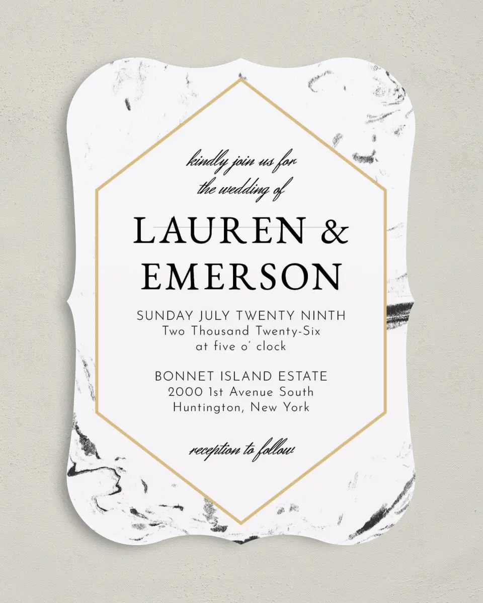 This is a 5" x 7" Bracket Wedding Invitation called Elegant Marble printed in full color with Silver foil on Luxe Satin (coated) paper