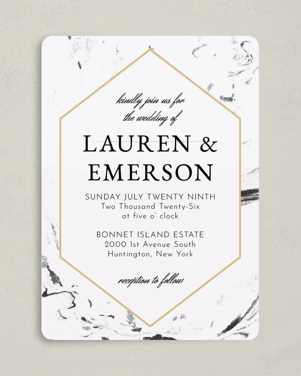 This is a 5" x 7" Rounded Wedding Invitation called Elegant Marble printed in full color on Premium Smooth paper