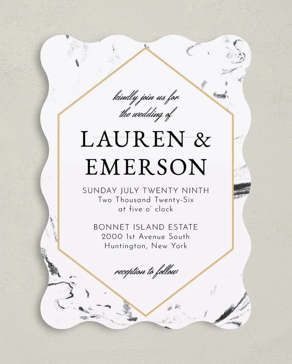 This is a 5" x 7" Wavy Wedding Invitation called Elegant Marble printed in full color on Premium Smooth paper