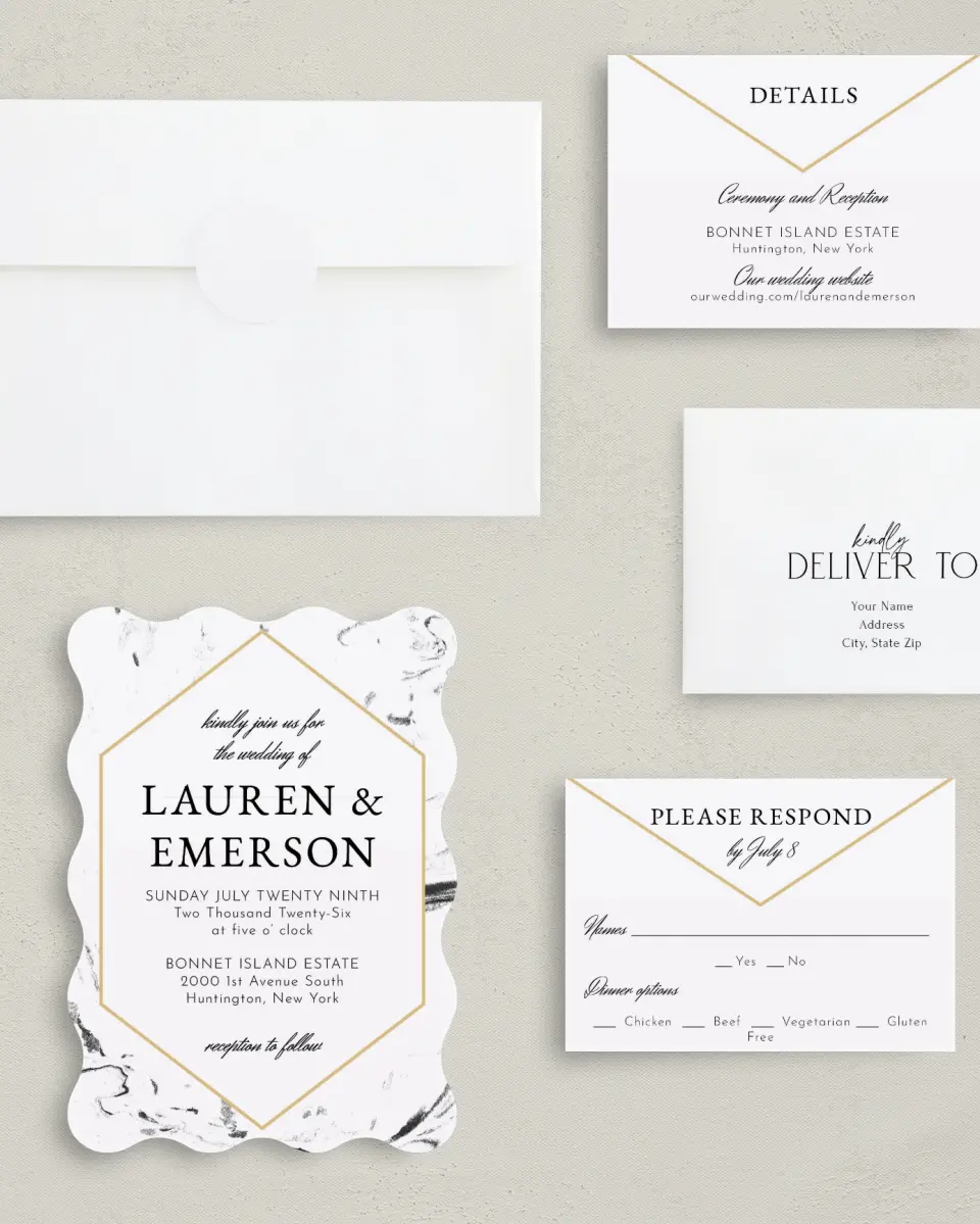 This is a 5" x 7" Wavy Wedding Invitation called Elegant Marble printed in full color with Gold foil on Luxe Satin (coated) paper
