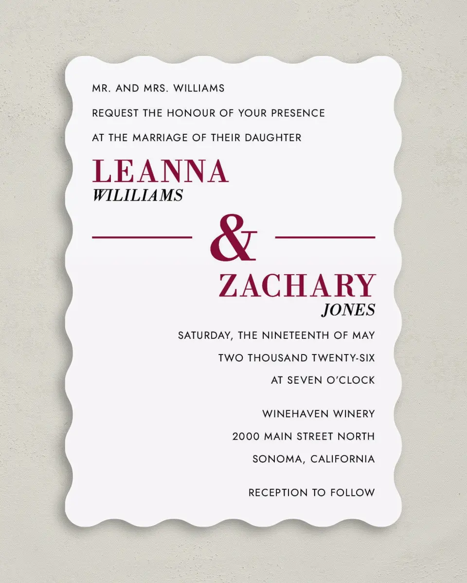 This is a 5" x 7" Wavy Wedding Invitation called Joyful Shimmer printed in full color on Premium Smooth paper