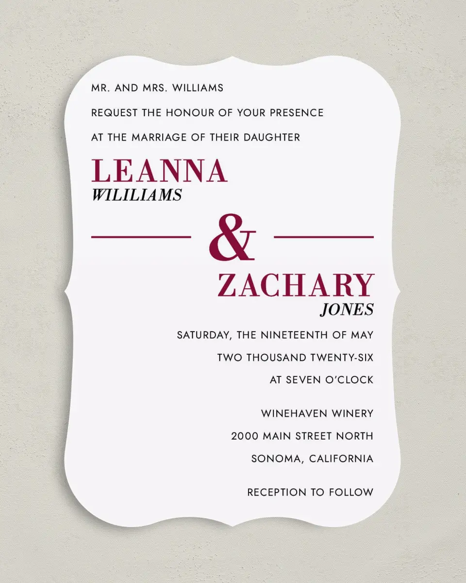 This is a 5" x 7" Bracket Wedding Invitation called Joyful Shimmer printed in full color on Premium Smooth paper