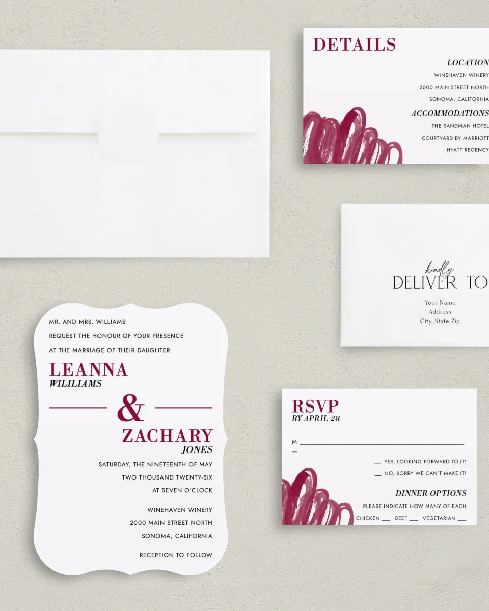 This is a 5" x 7" Bracket Wedding Invitation called Joyful Shimmer printed in full color with Silver foil on Luxe Satin (coated) paper