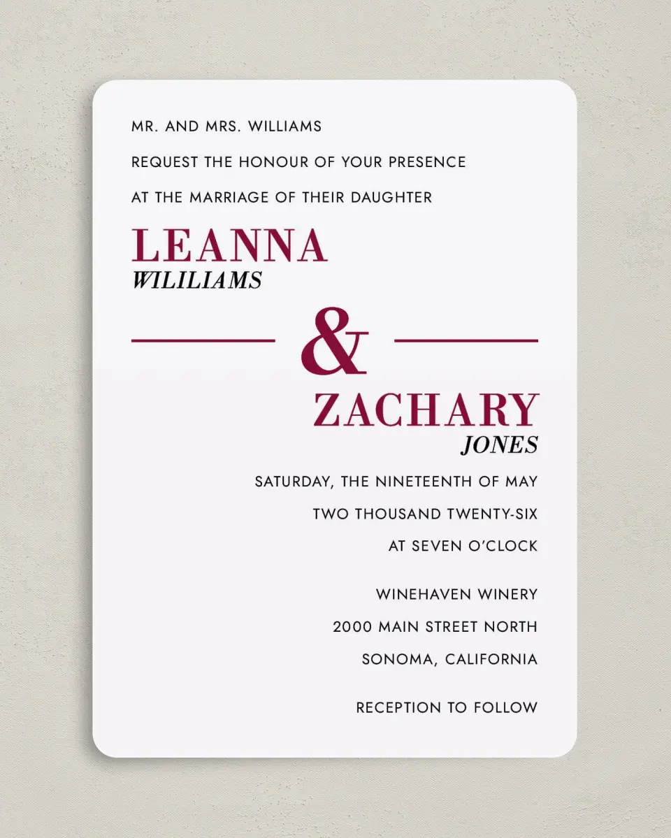This is a 5" x 7" Rounded Wedding Invitation called Joyful Shimmer printed in full color on Premium Smooth paper