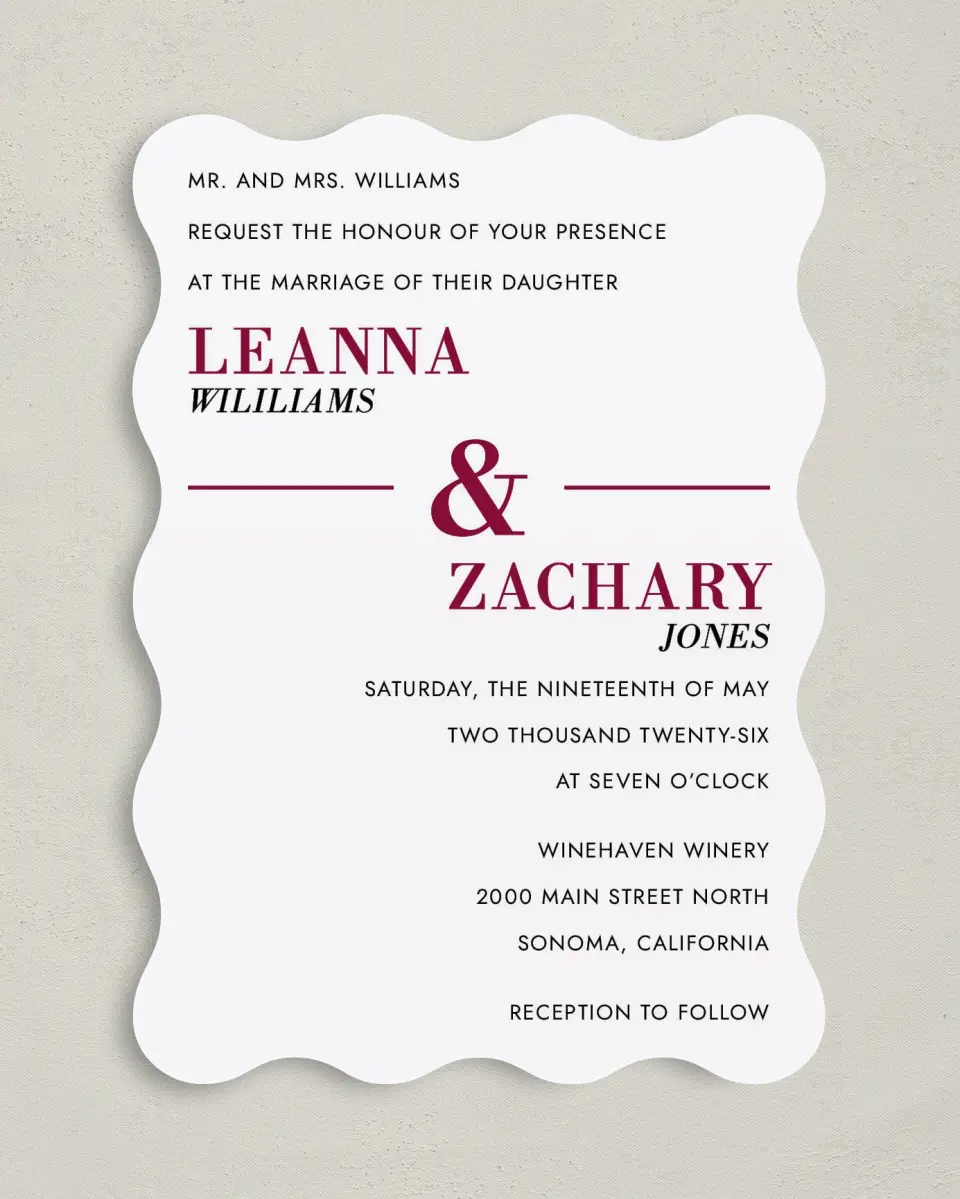 This is a 5" x 7" Wavy Wedding Invitation called Joyful Shimmer printed in full color on Premium Smooth paper