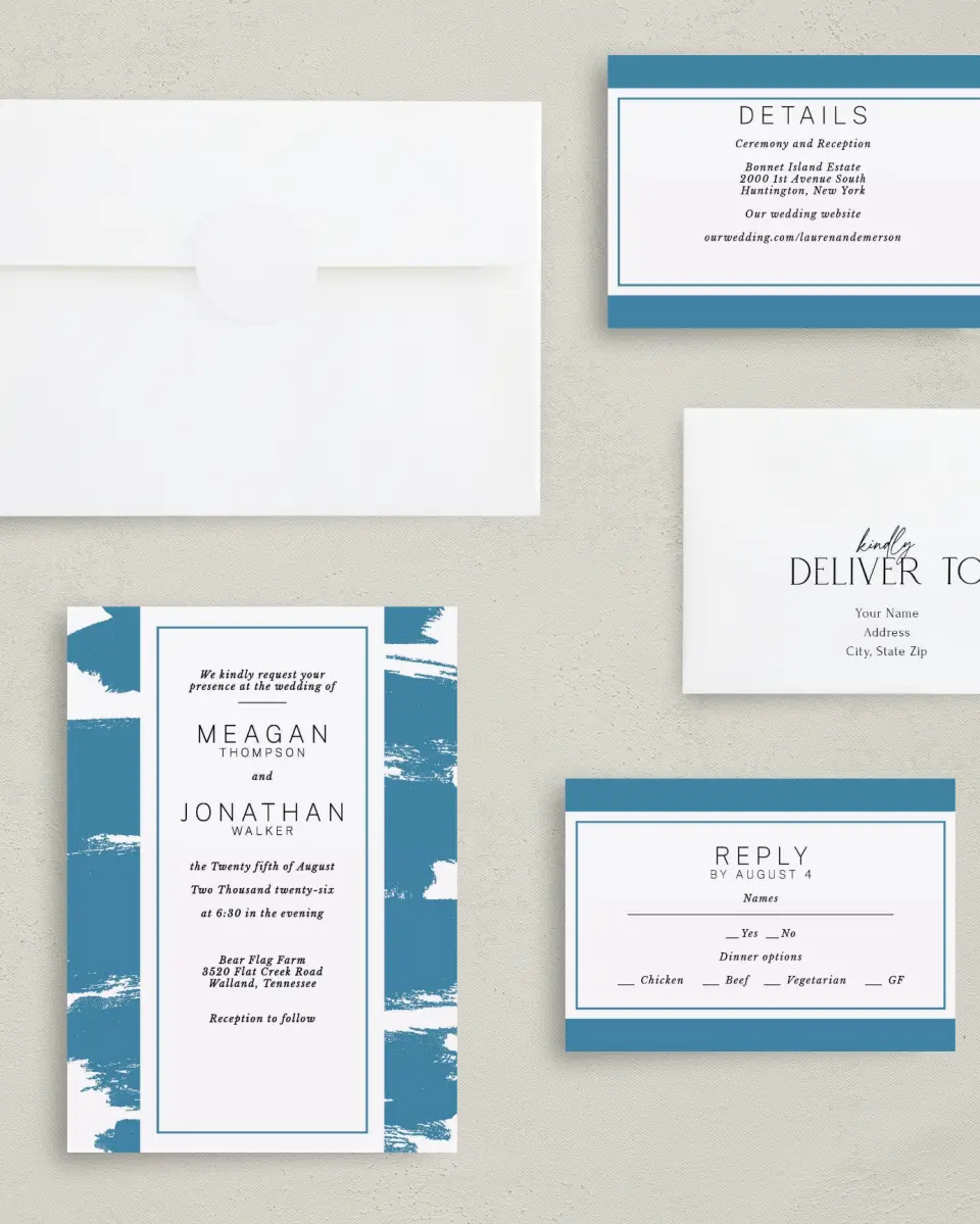 This is a 5" x 7" Classic Wedding Invitation called Modern Brush printed in full color with Gold foil on Luxe Satin (coated) paper