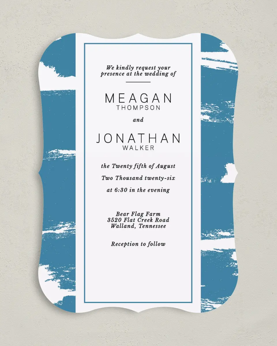This is a 5" x 7" Bracket Wedding Invitation called Modern Brush printed in full color with Silver foil on Luxe Satin (coated) paper