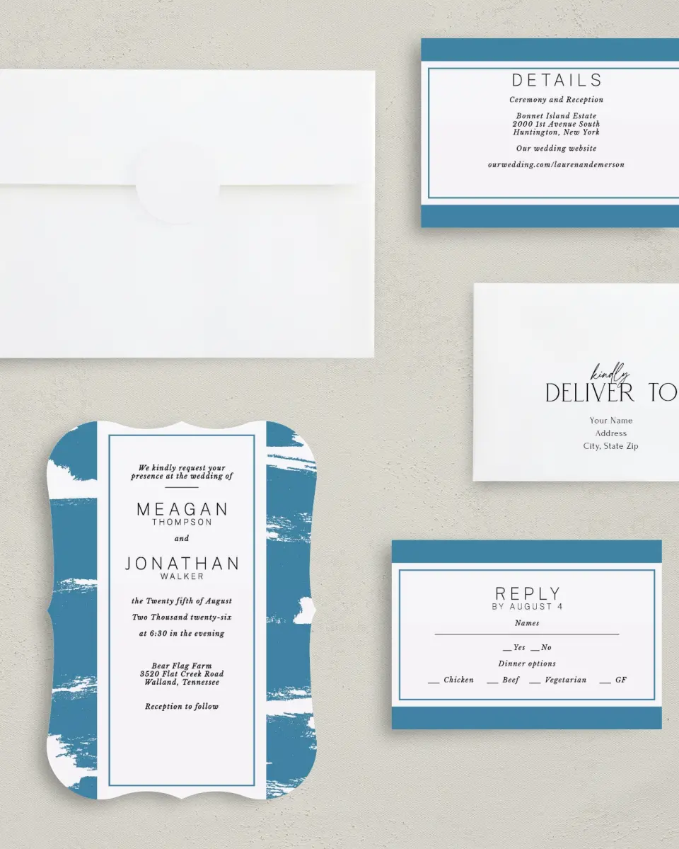 This is a 5" x 7" Bracket Wedding Invitation called Modern Brush printed in full color with Silver foil on Luxe Satin (coated) paper