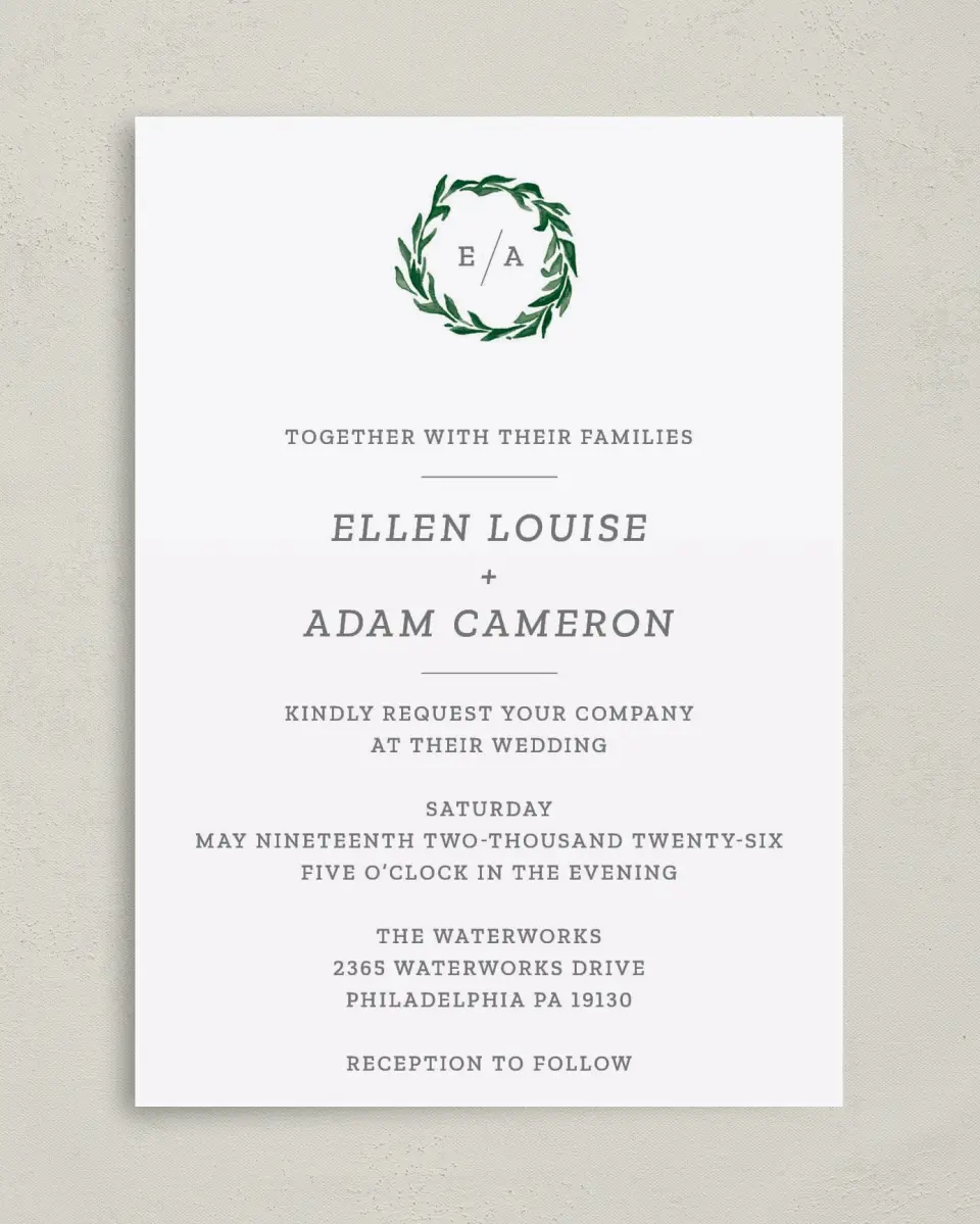 This is a 5" x 7" Classic Wedding Invitation called Watercolor Monogram printed in full color on Premium Smooth paper
