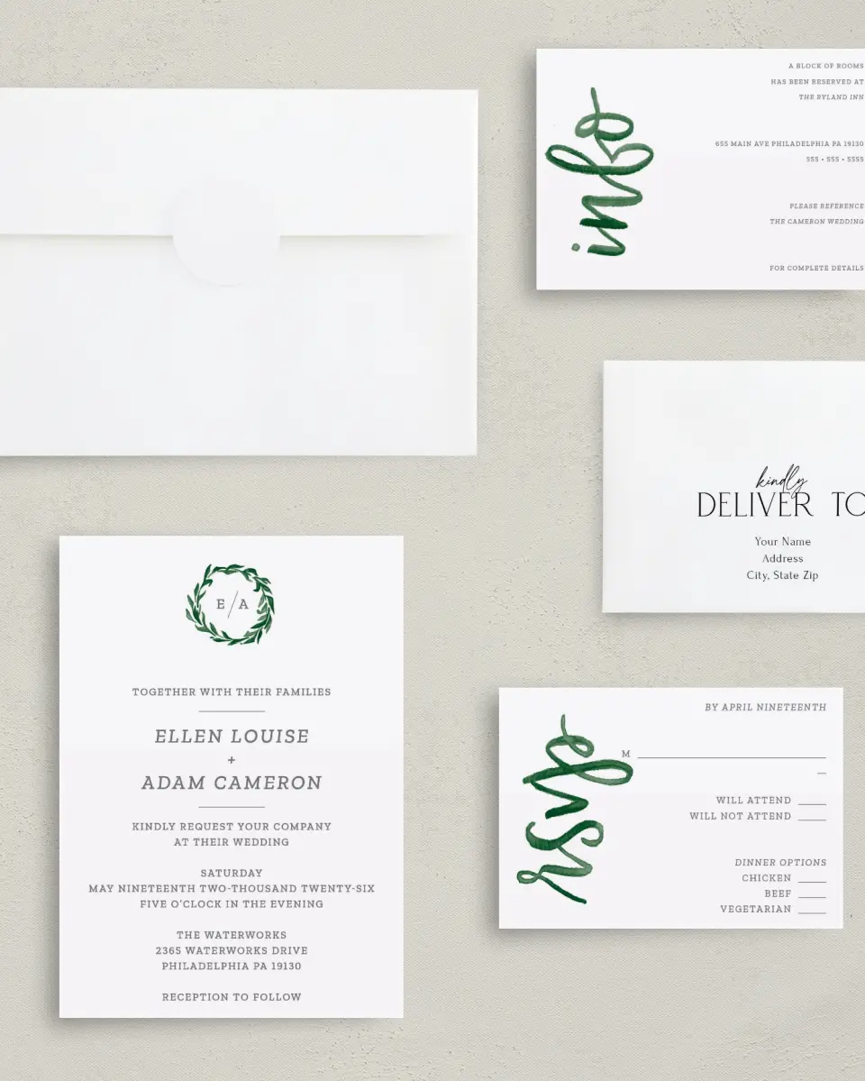This is a 5" x 7" Classic Wedding Invitation called Watercolor Monogram printed in full color on Premium Smooth paper