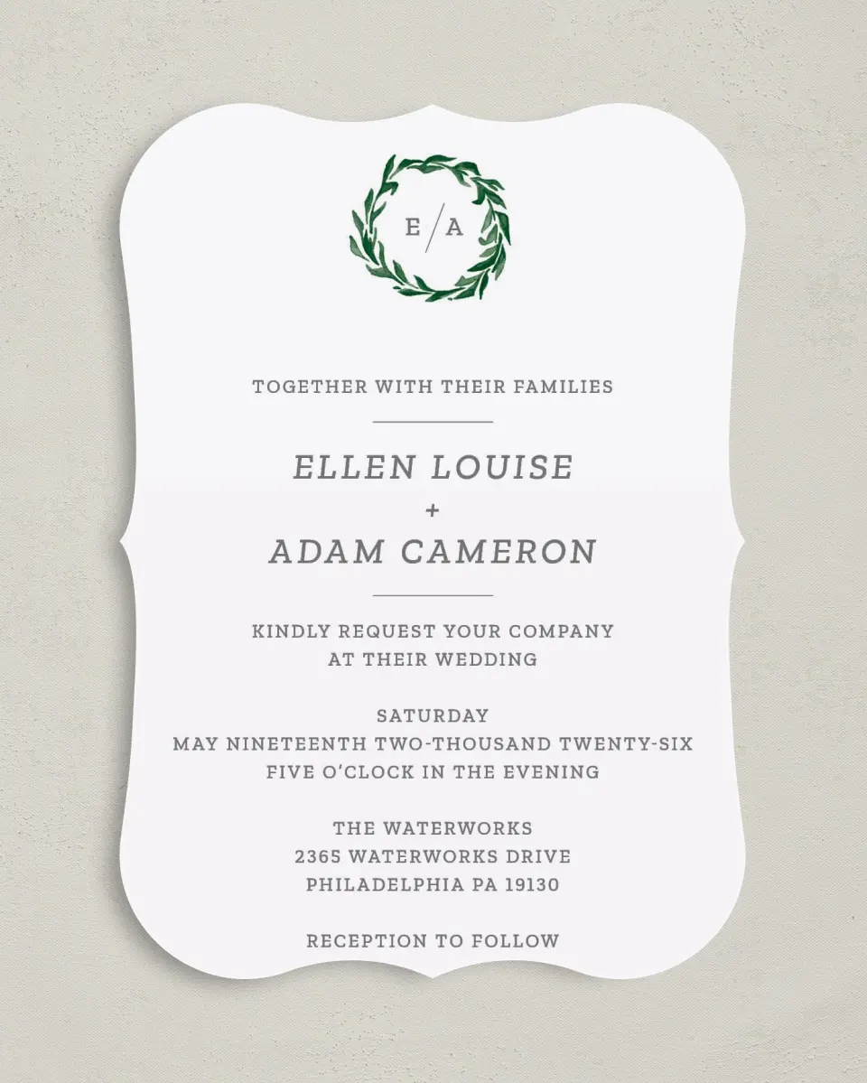 This is a 5" x 7" Bracket Wedding Invitation called Watercolor Monogram printed in full color with Silver foil on Luxe Satin (coated) paper