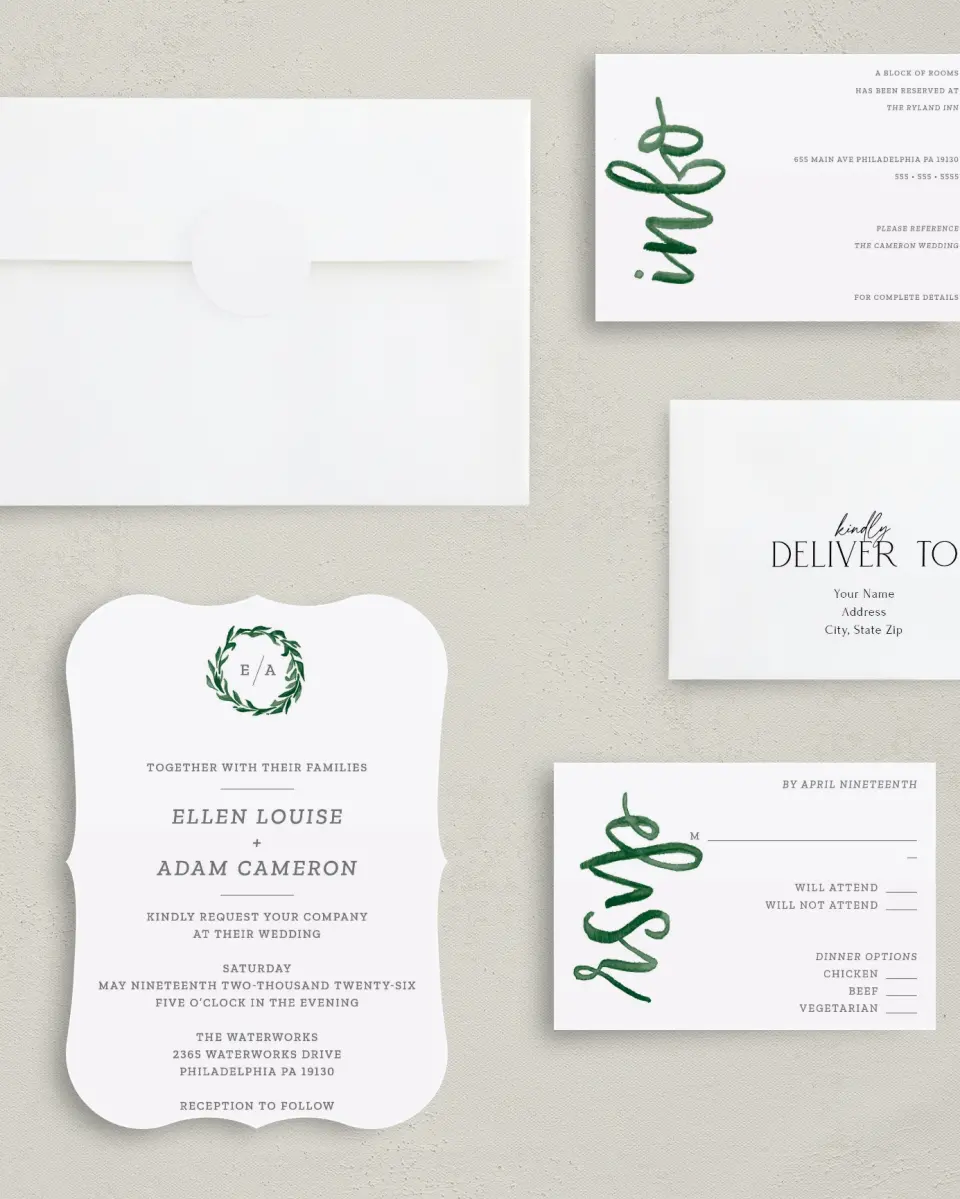 This is a 5" x 7" Bracket Wedding Invitation called Watercolor Monogram printed in full color with Silver foil on Luxe Satin (coated) paper
