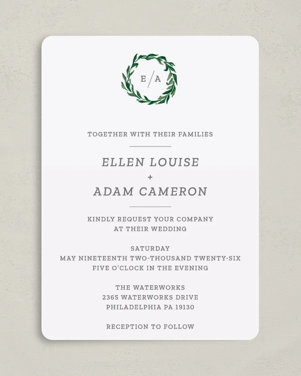 This is a 5" x 7" Rounded Wedding Invitation called Watercolor Monogram printed in full color on Premium Smooth paper