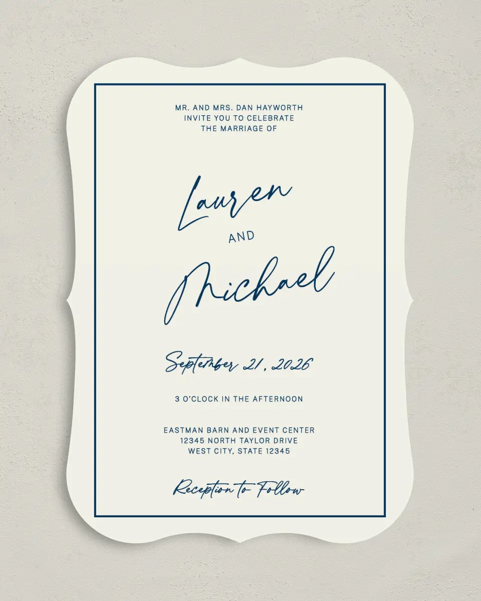 This is a 5" x 7" Bracket Wedding Invitation called Lustrous Lines printed in full color on Premium Smooth paper