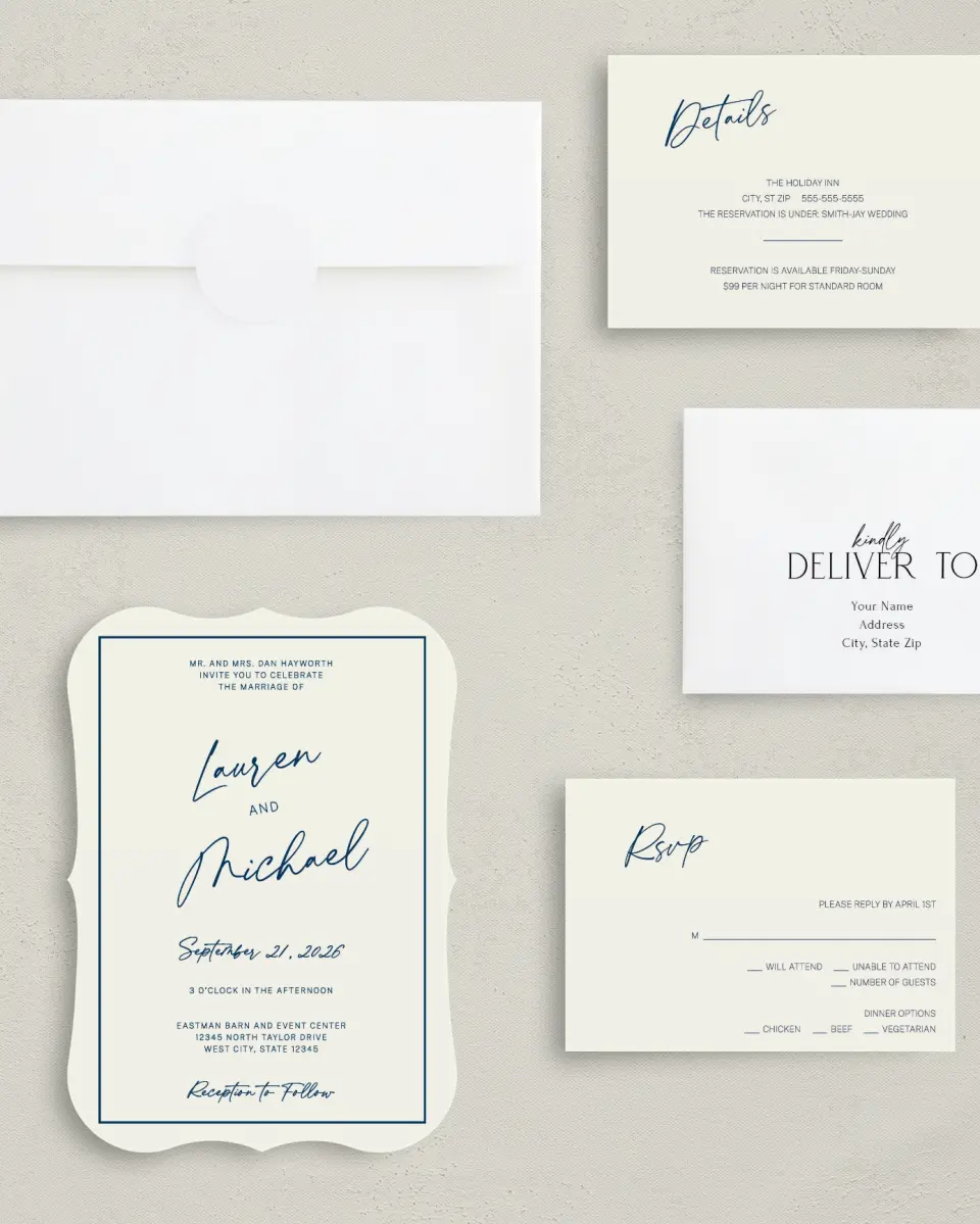 This is a 5" x 7" Bracket Wedding Invitation called Lustrous Lines printed in full color with Silver foil on Luxe Satin (coated) paper
