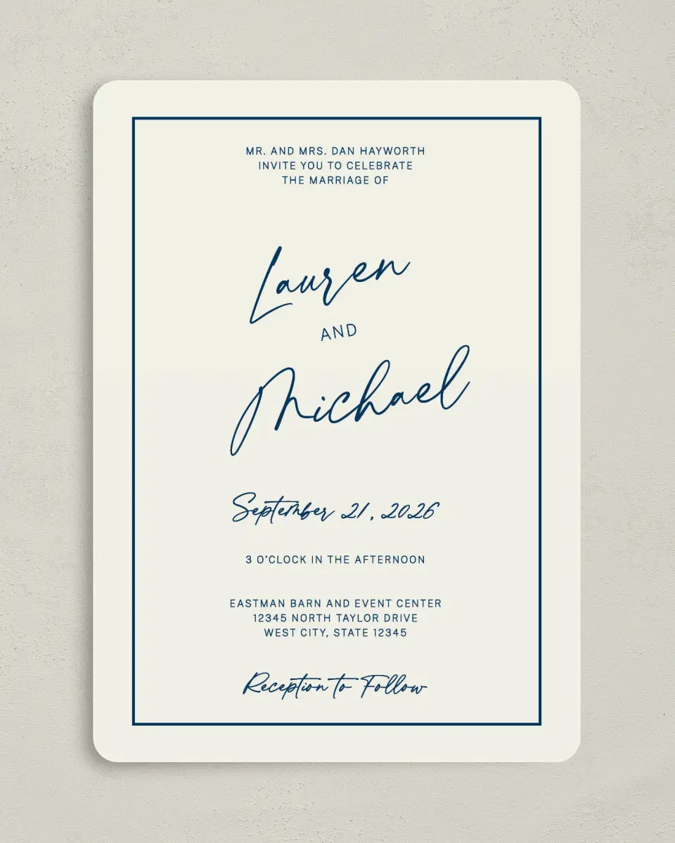 This is a 5" x 7" Rounded Wedding Invitation called Lustrous Lines printed in full color on Premium Smooth paper