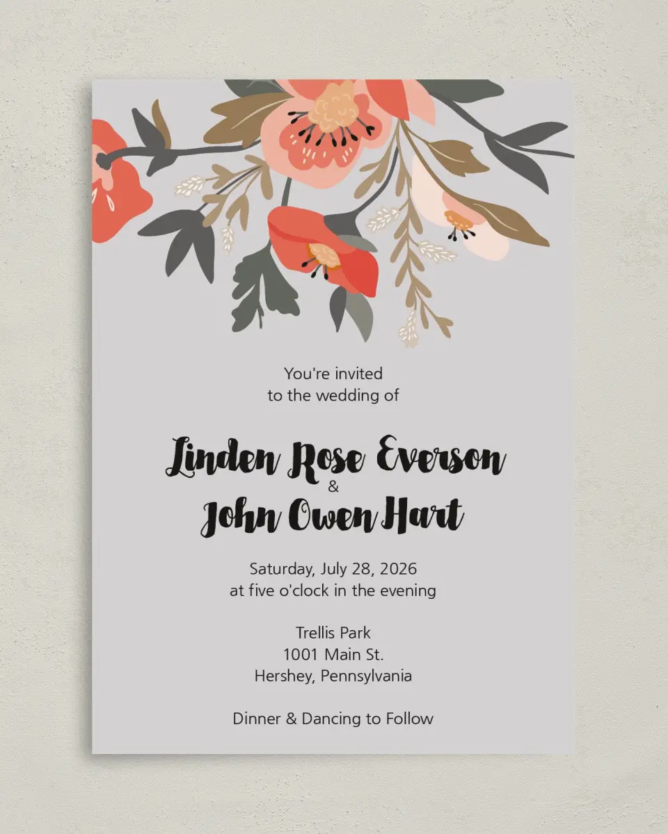 This is a 5" x 7" Classic Wedding Invitation called Floral Allure printed in full color with Gold foil on Luxe Satin (coated) paper