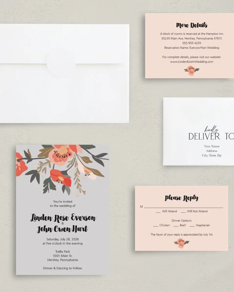 This is a 5" x 7" Classic Wedding Invitation called Floral Allure printed in full color with Gold foil on Luxe Satin (coated) paper