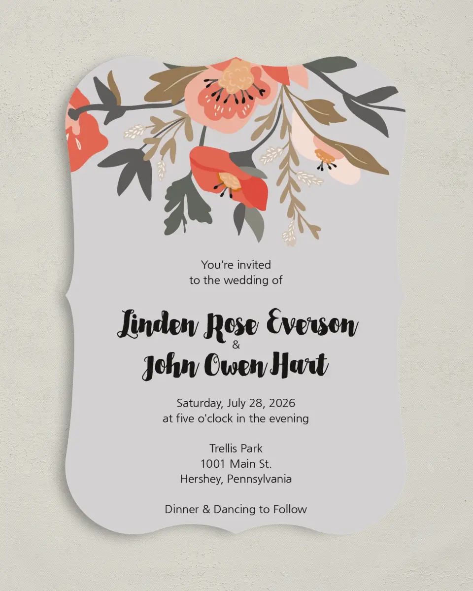 This is a 5" x 7" Bracket Wedding Invitation called Floral Allure printed in full color with Silver foil on Luxe Satin (coated) paper