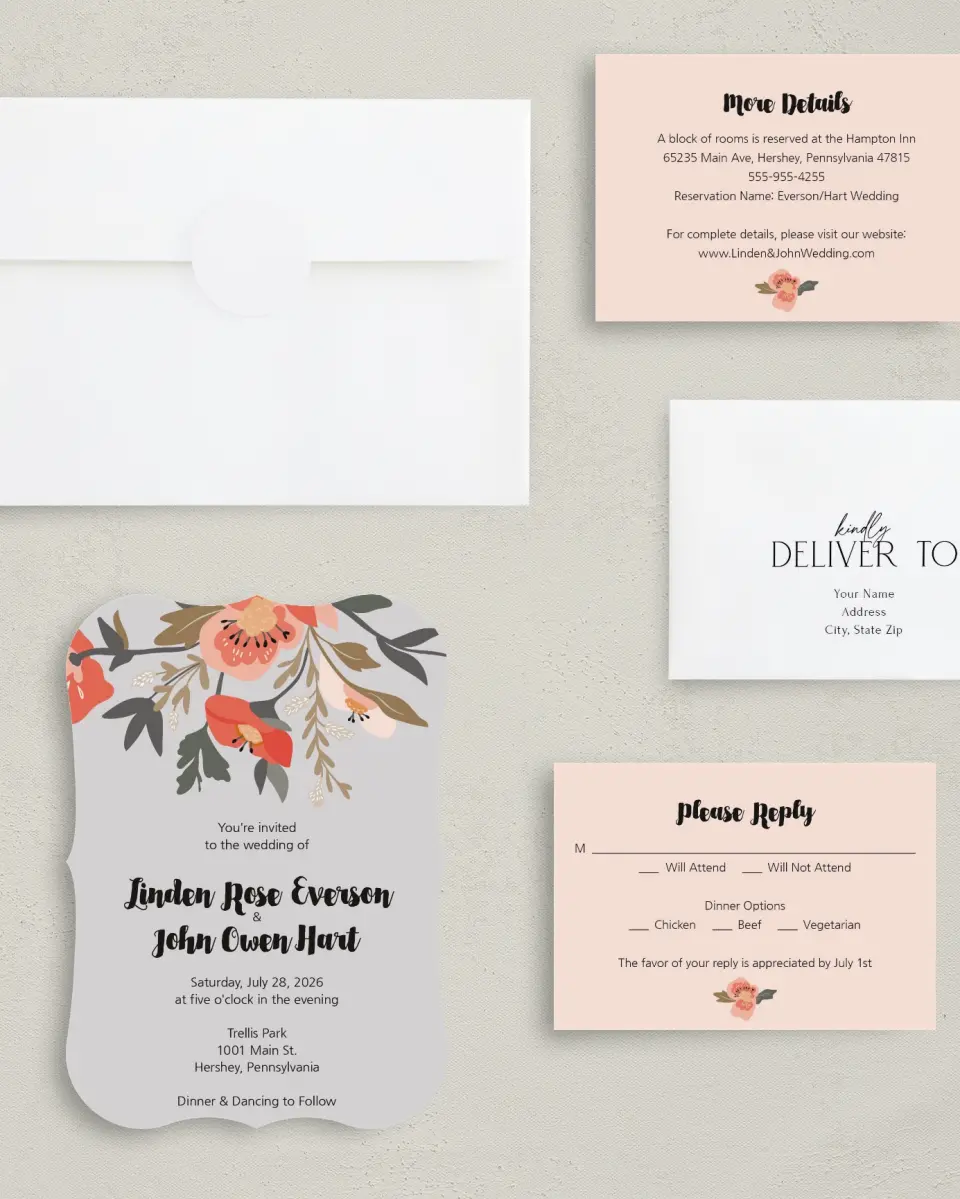 This is a 5" x 7" Bracket Wedding Invitation called Floral Allure printed in full color with Silver foil on Luxe Satin (coated) paper