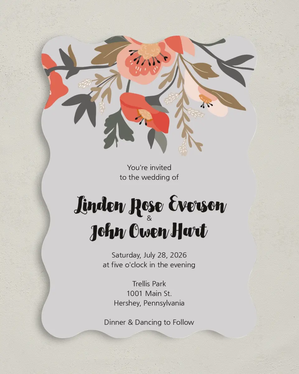 This is a 5" x 7" Wavy Wedding Invitation called Floral Allure printed in full color on Premium Smooth paper