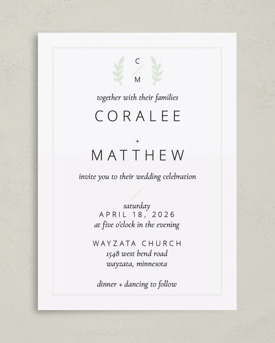 This is a 5" x 7" Classic Wedding Invitation called Sweet Sprigs printed in full color with Gold foil on Luxe Satin (coated) paper