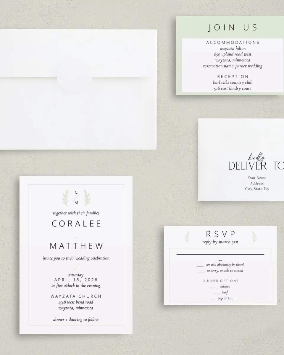 This is a 5" x 7" Classic Wedding Invitation called Sweet Sprigs printed in full color with Gold foil on Luxe Satin (coated) paper