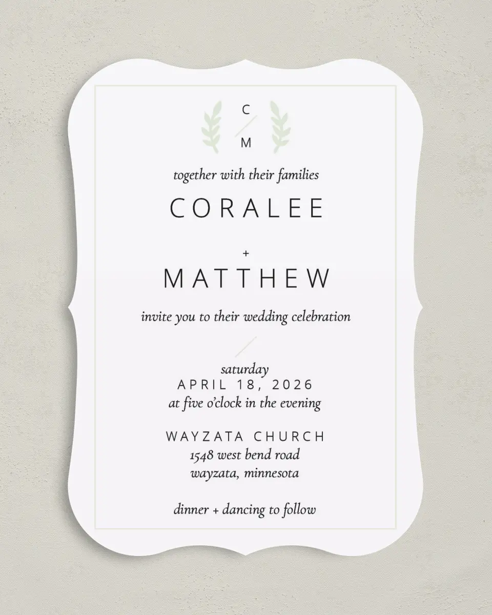 This is a 5" x 7" Bracket Wedding Invitation called Sweet Sprigs printed in full color with Silver foil on Luxe Satin (coated) paper