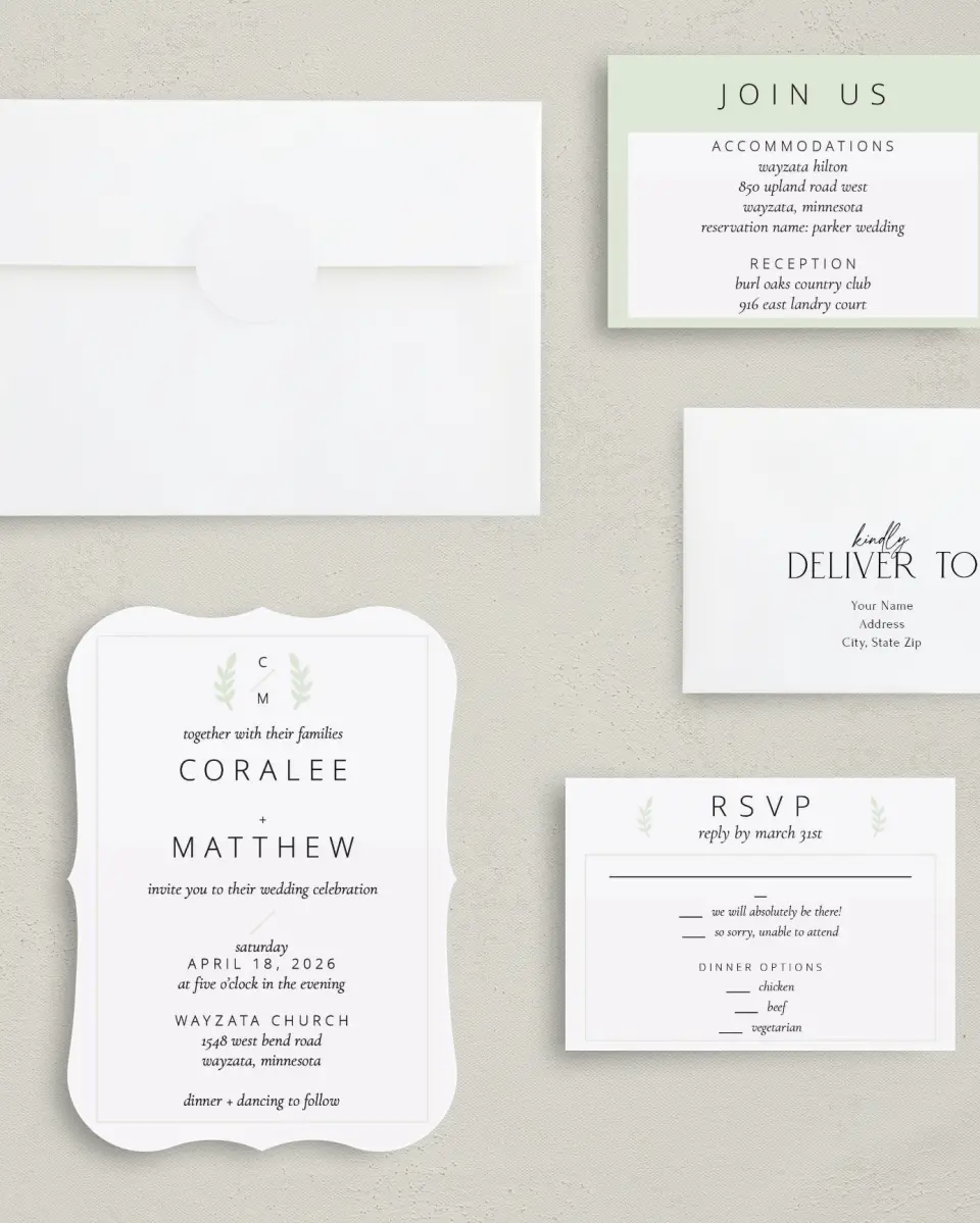 This is a 5" x 7" Bracket Wedding Invitation called Sweet Sprigs printed in full color with Silver foil on Luxe Satin (coated) paper