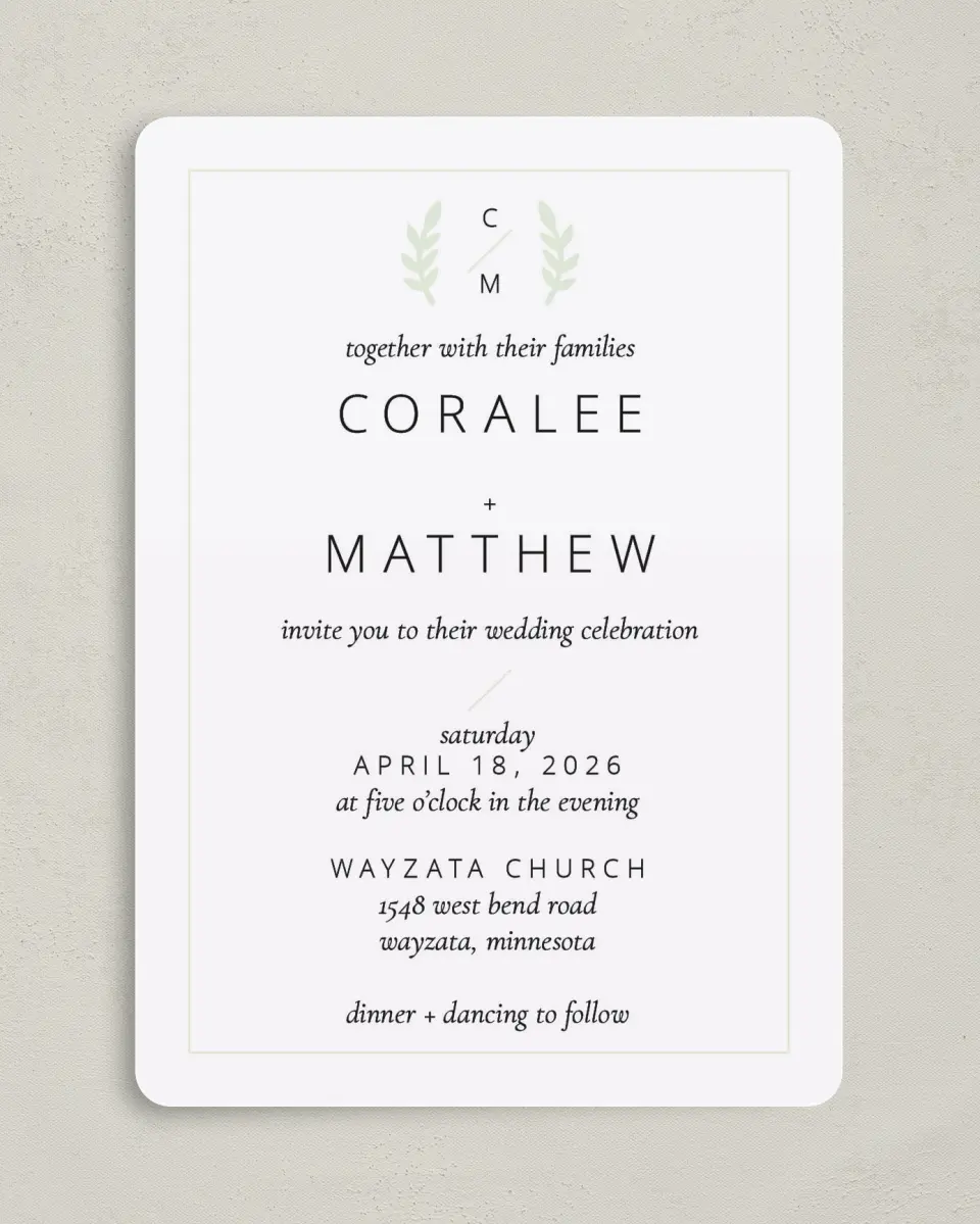 This is a 5" x 7" Rounded Wedding Invitation called Sweet Sprigs printed in full color on Premium Smooth paper