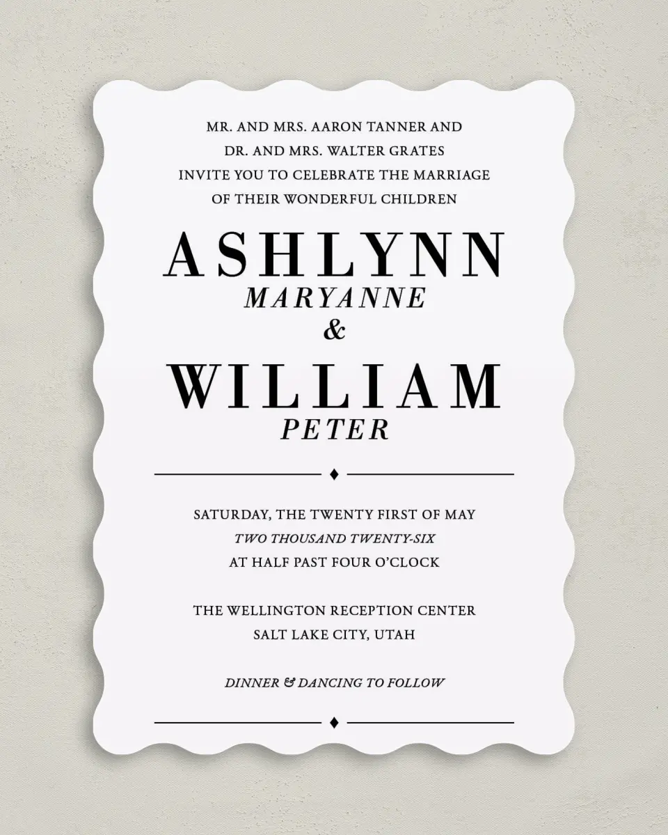 This is a 5" x 7" Wavy Wedding Invitation called Lush Botanicals printed in full color on Premium Smooth paper