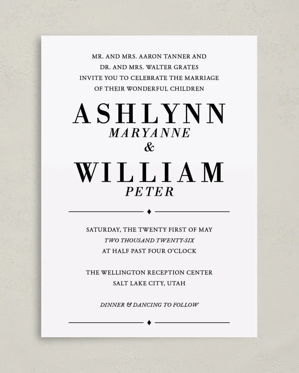 This is a 5" x 7" Classic Wedding Invitation called Lush Botanicals printed in full color with Gold foil on Luxe Satin (coated) paper