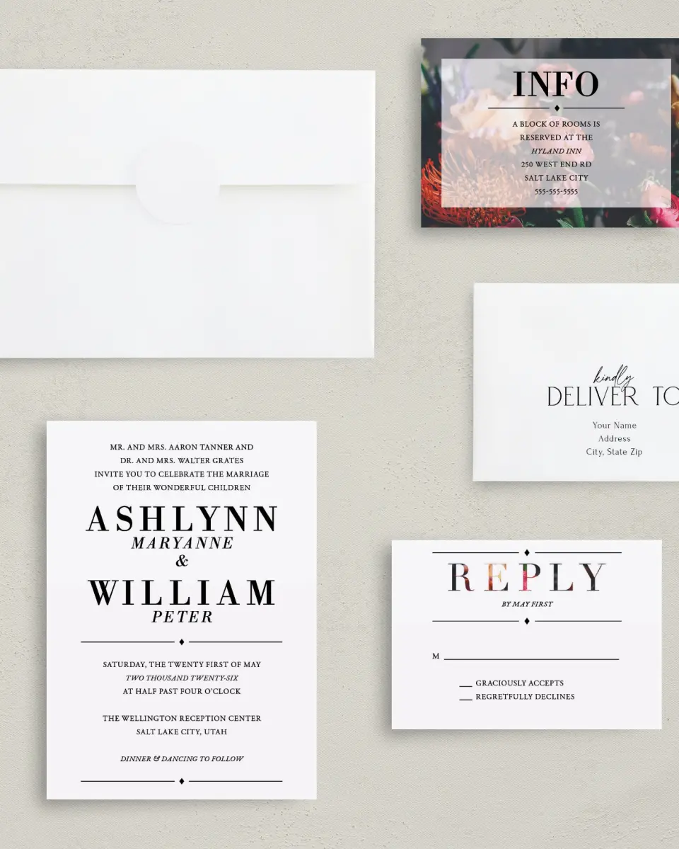 This is a 5" x 7" Classic Wedding Invitation called Lush Botanicals printed in full color with Gold foil on Luxe Satin (coated) paper