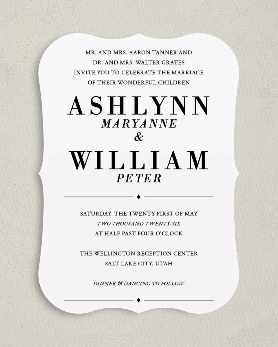 This is a 5" x 7" Bracket Wedding Invitation called Lush Botanicals printed in full color with Silver foil on Luxe Satin (coated) paper