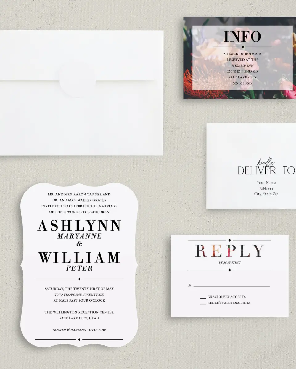 This is a 5" x 7" Bracket Wedding Invitation called Lush Botanicals printed in full color with Silver foil on Luxe Satin (coated) paper