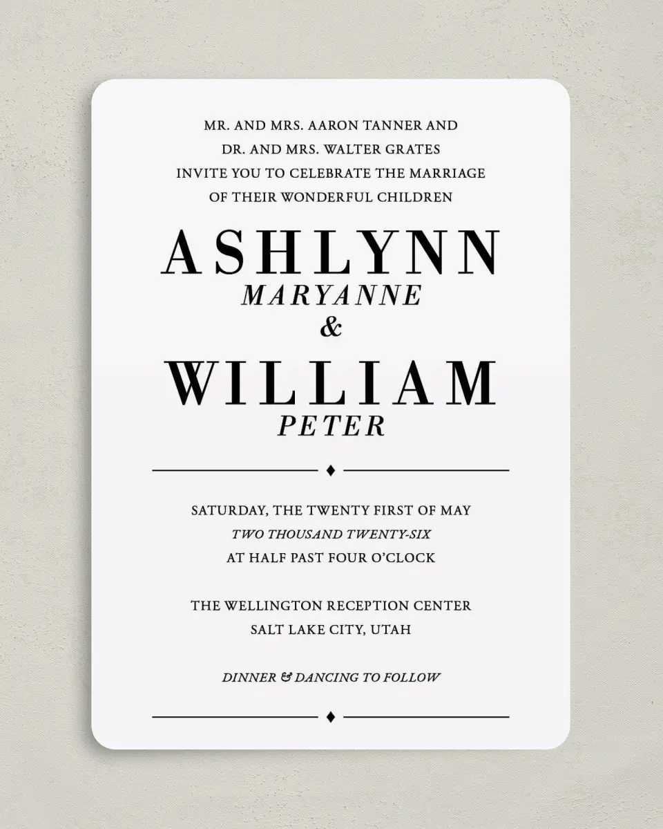 This is a 5" x 7" Rounded Wedding Invitation called Lush Botanicals printed in full color on Premium Smooth paper