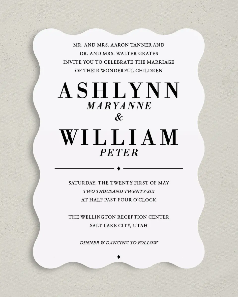 This is a 5" x 7" Wavy Wedding Invitation called Lush Botanicals printed in full color on Premium Smooth paper