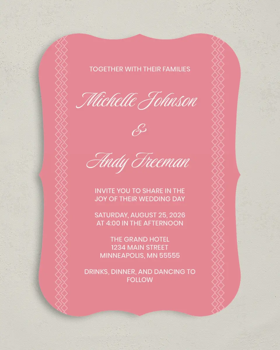 This is a 5" x 7" Bracket Wedding Invitation called Shades of Love printed in full color with Silver foil on Luxe Satin (coated) paper