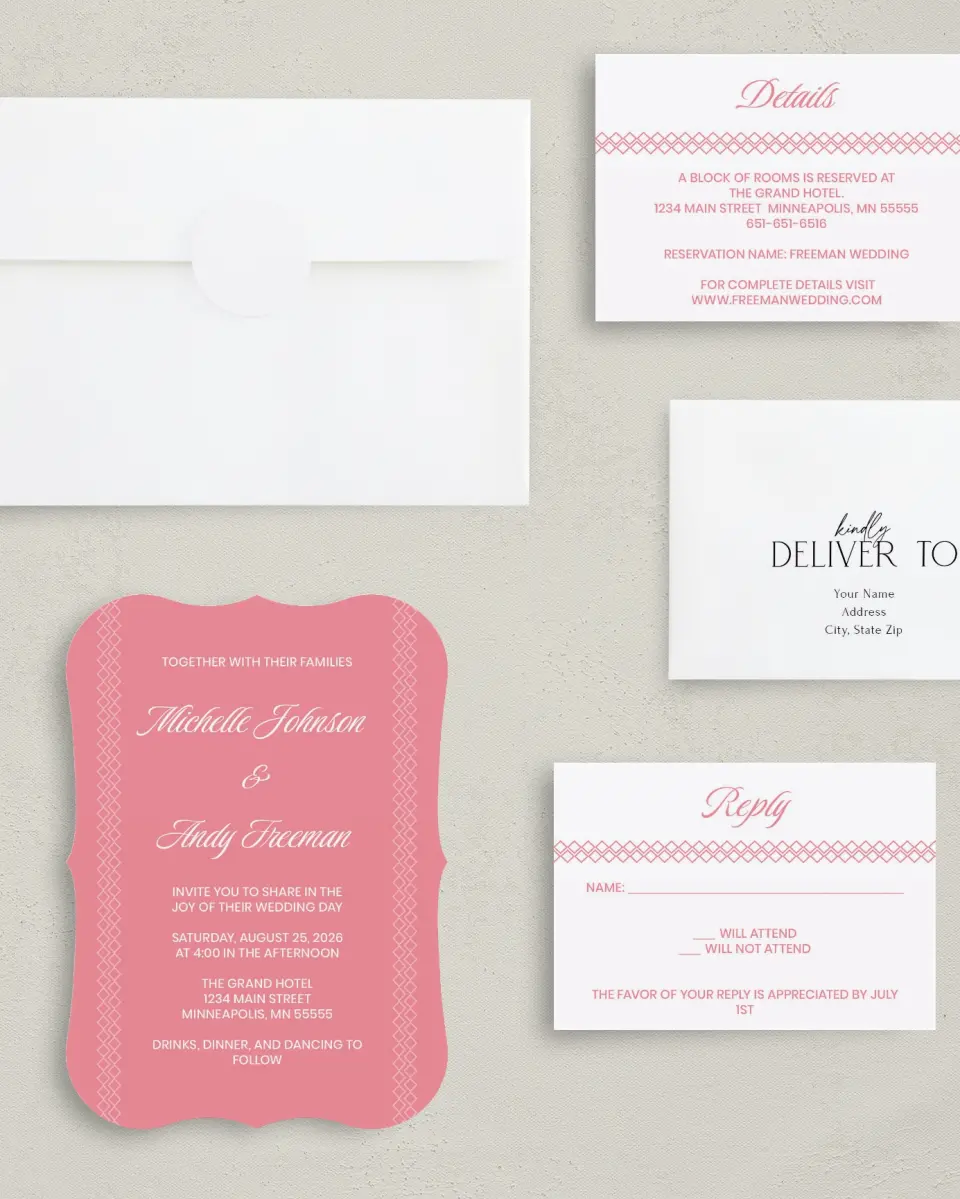 This is a 5" x 7" Bracket Wedding Invitation called Shades of Love printed in full color with Silver foil on Luxe Satin (coated) paper
