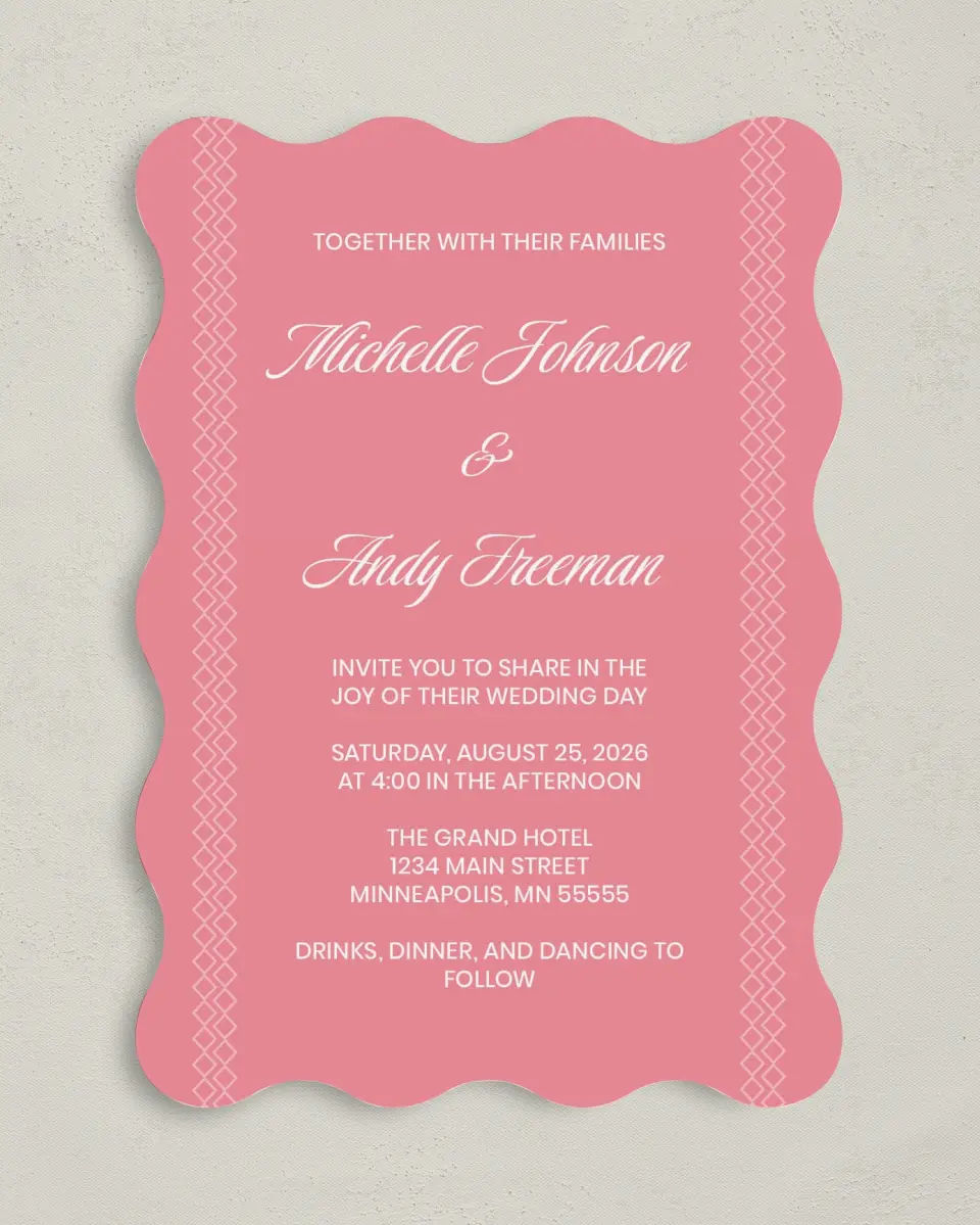 This is a 5" x 7" Wavy Wedding Invitation called Shades of Love printed in full color on Premium Smooth paper