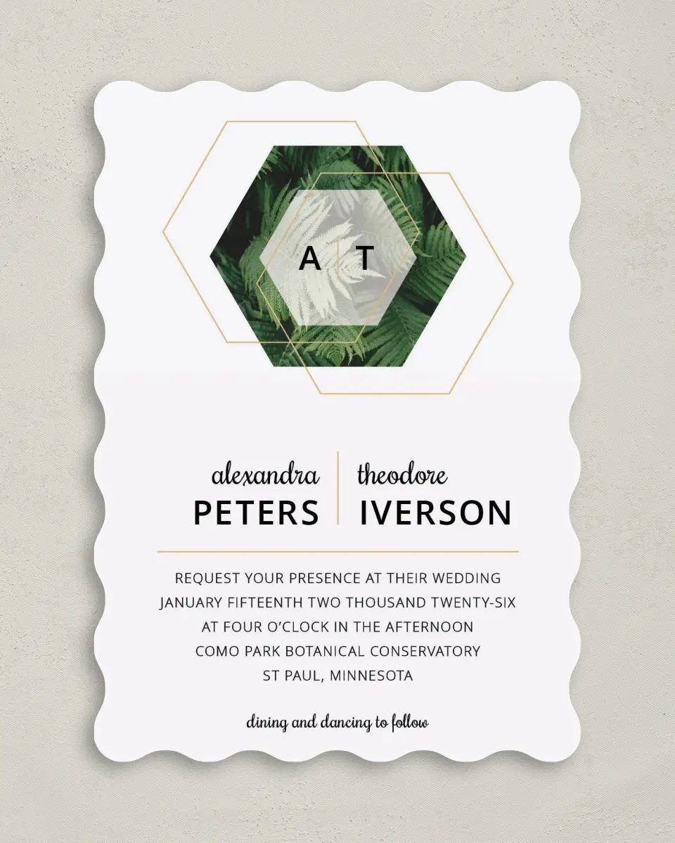 This is a 5" x 7" Wavy Wedding Invitation called Geometric Garden printed in full color on Premium Smooth paper