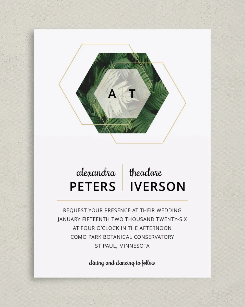 This is a 5" x 7" Classic Wedding Invitation called Geometric Garden printed in full color with Gold foil on Luxe Satin (coated) paper