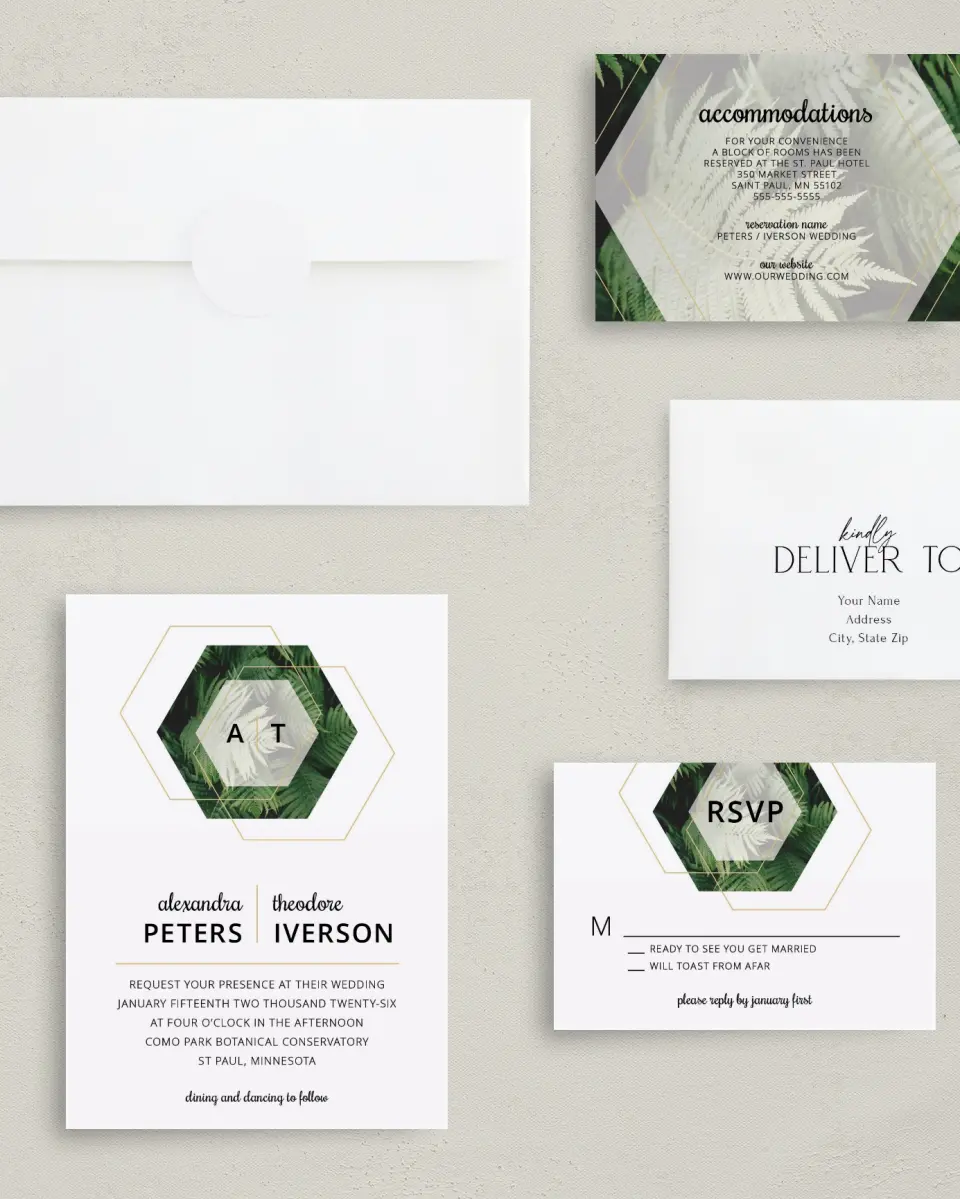 This is a 5" x 7" Classic Wedding Invitation called Geometric Garden printed in full color with Gold foil on Luxe Satin (coated) paper