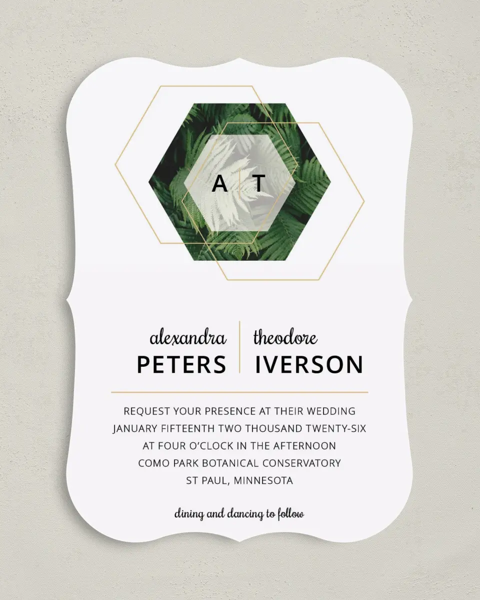 This is a 5" x 7" Bracket Wedding Invitation called Geometric Garden printed in full color with Silver foil on Luxe Satin (coated) paper